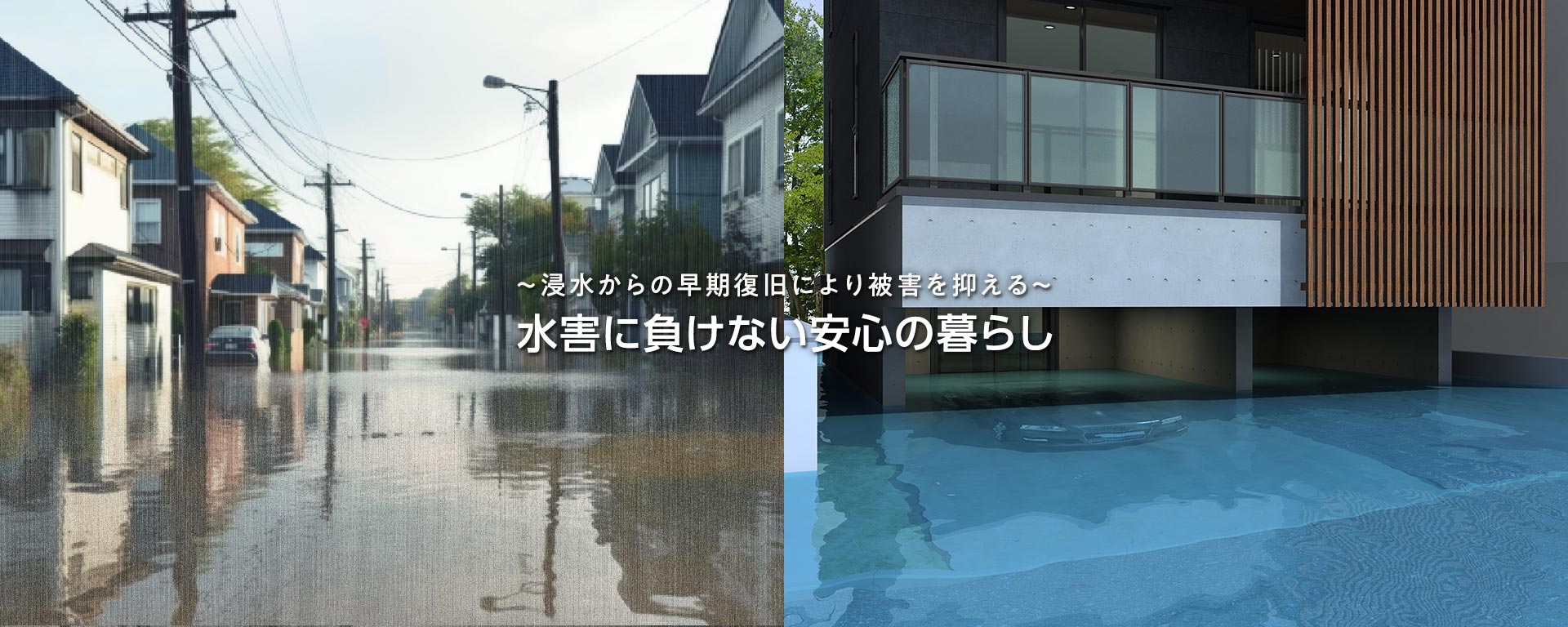 豪雨と浸水（耐水害住宅）のイメージ