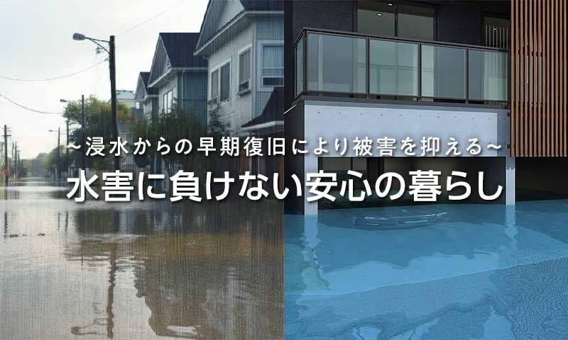 豪雨と浸水（耐水害住宅）のイメージ