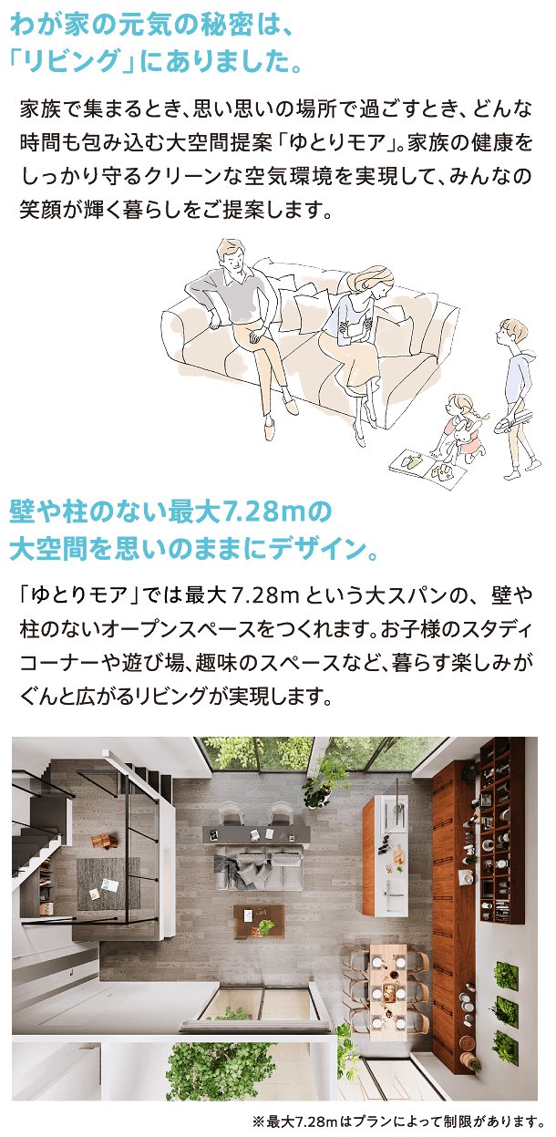 わが家の元気の秘密は、「リビング」にありました。壁や柱のない最大7.28ｍの大空間を思いのままにデザイン。