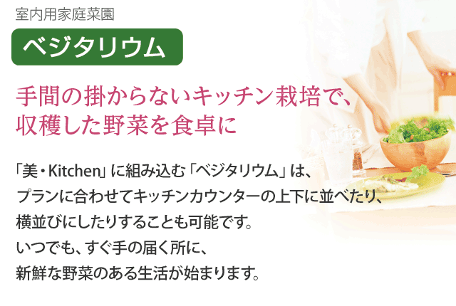 「べジタリウム」手間のかからないキッチン栽培で、収穫した野菜を食卓に