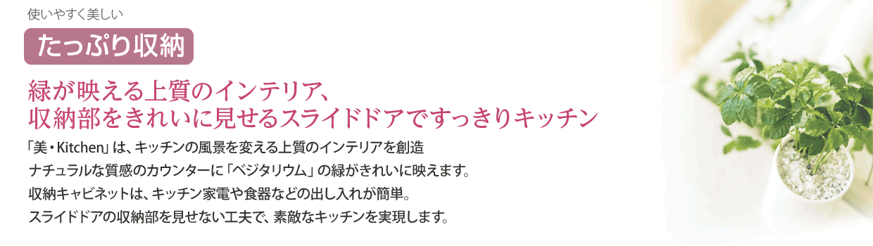 「たっぷり収納」緑が映える上質のインテリア、収納部をきれいに見せるスライドドアですっきりキッチン