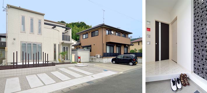 白を基調とした手前の建物がY様邸、右はご実家でこちらもサンヨーホームズが担当