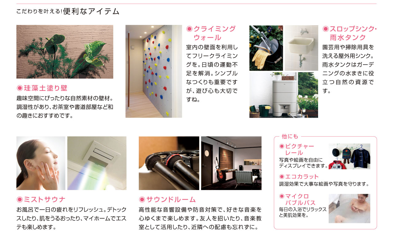 珪藻土塗り壁、クライミングウォール、スロップシンク・雨水タンク、ミストサウナ、サウンドルーム