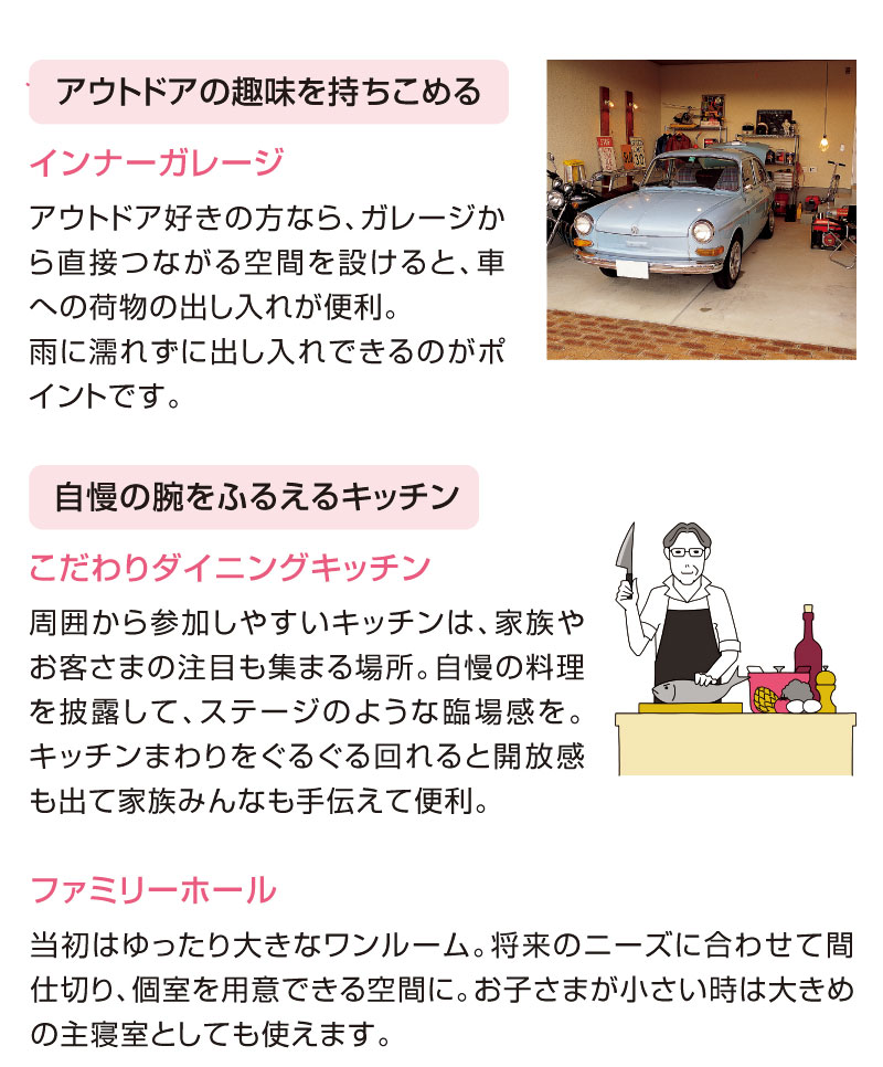 インナーガレージ、こだわりダイニングキッチン、ファミリーホール