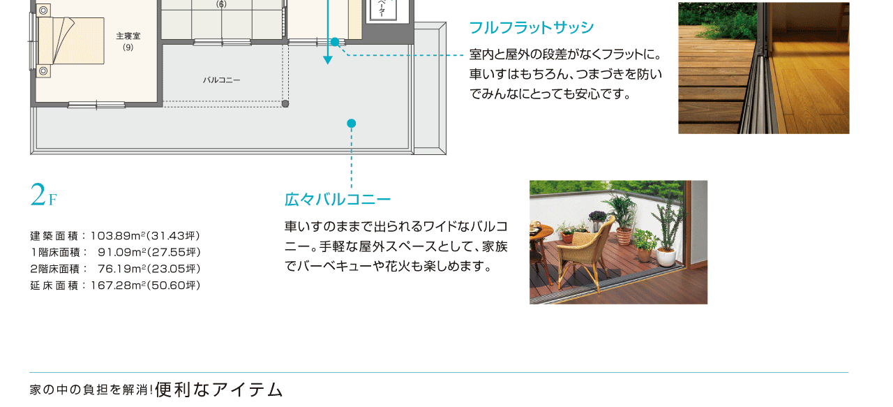 フルフラットサッシ、広々バルコニー