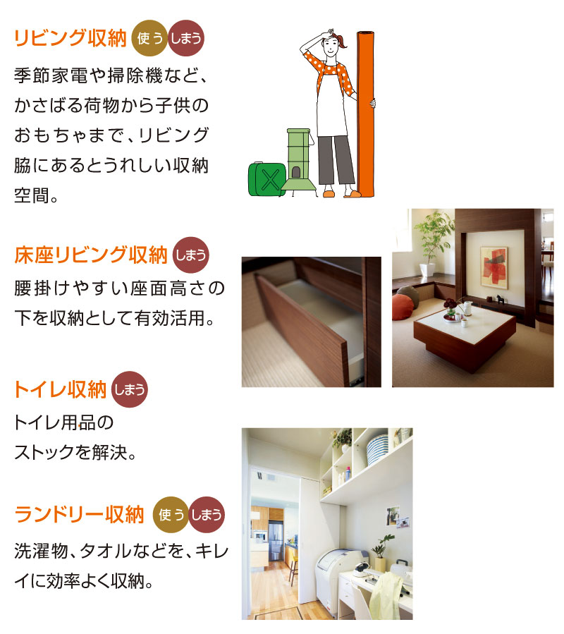 リビング収納、床座リビング収納、トイレ収納、ランドリー収納