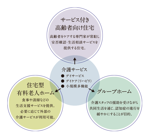 各種介護サービスを中心にサービス付き高齢者向け住宅、住宅型有料老人ホーム、グループホームなどの介護・福祉施設群