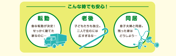 こんな時でも安心！

 転勤　急な転勤が決定！せっかく建てた家なのに…
 老後　子供たちも独立。二人ですむには広すぎる…
 同居　息子夫婦と同居。残った家はどうしよう…